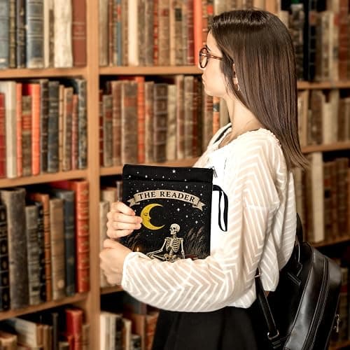 The Reader Tarot Card Book Sleeve for Book Lovers, Gothic Skeleton Books Covers Protector for Paperbacks with Handle Pocket for Reader Bookworm Bookish, Book Club Gifts for Chritsmas thumbnail 2