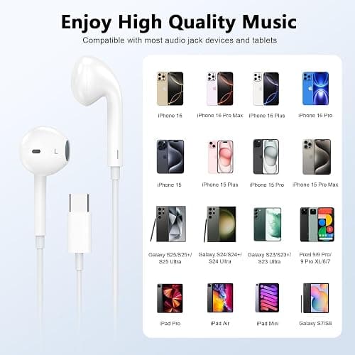 USB C Headphones, 2 Pack Type C Headphones Wired in Ear Earbuds with Mic & Volume Control Noise Cancelling for iPhone 15/16/17,iPad,Samsung Galaxy S25/S24/S23/S22/S21,Pixel 7/6,White thumbnail 6
