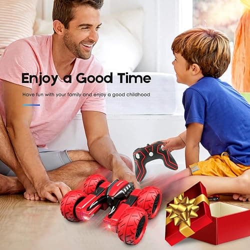 Remote Control Car for 6-12 Years Old Boys Girls Birthdays Present Gift, Hobby RC Car Stunt with LED Light Electric 4WD 2.4Ghz Double Sided Rotating Racing Vehicle 360° Flips Offroad Kids Toy Red thumbnail 7