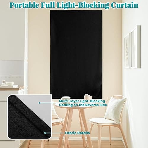 Sovtfides 100% Blackout Magic Tape Stick On Curtains Window Shades Pull Down Blackout Window Cover No Drillng Self Adhesive Curtains No Rod Small Windows, W35 x L60 inch, 1 Panel, Black thumbnail 6