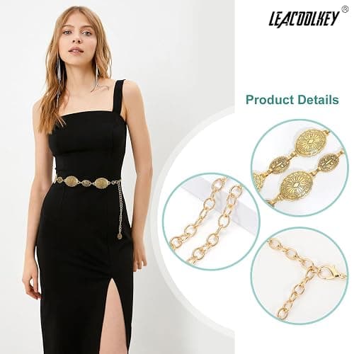 LEACOOLKEY Women Turquoise Concho Chain Waist Belt Silver Western Cowgirl Metal Chain Belt for Dress Adjustable thumbnail 7