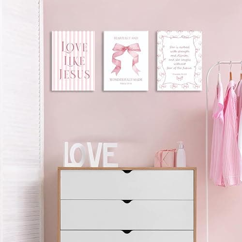 Coquette Pink Bow Wall Art Set of 3, Light Pink Bow Dorm Room Wall Decor Paintings, Inspirational Scripture Verses Canvas Posters Prints Pictures for Girls Dorm Room Bedroom Bathroom 12x16 Inch Framed thumbnail 9