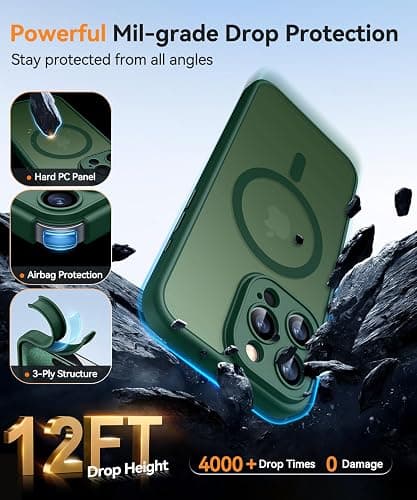 CANSHN Magnetic Compatible with iPhone 15 Pro Max Case, Upgraded [Full Camera Protection] [Compatible with Magsafe] [Translucent Matte] Shockproof Protective Phone Case Cover 6.7 Inch - Deep Green thumbnail 6