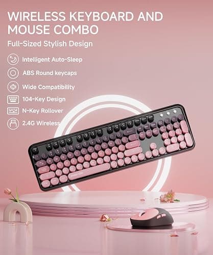 EWEADN V96 Wireless Keyboard and Mouse Combo, 2.4G Wireless Full-Sized Retro Typewriter Style Keyboard with Round Keycaps, 104 Keys Computer Keyboards and Mouse for Windows/Mac/PC, Gradient Pink thumbnail 2