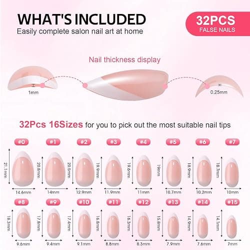 Findigit French Tip Press On Nails Almond - Natural Fake Nail Short with Glue,Supremely Fit & Natural Glue On Nails with Nail in 16 Sizes - 32 Nails Kit,White French thumbnail 4