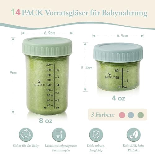 ACEPRUT 14 Stück Glas Babybrei Einfrieren Behälter, Beikost Baby Zubehör, Babynahrung Aufbewahrung, Auslaufsicher, BPA-frei, Mikrowelle, Geschirrspüler & Gefrierschrank sicher thumbnail 3