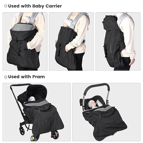 Orzbow Baby Winter Carrier Cover with Detachable Hood, Waterproof & Windproof, with Big Pockets, Universal Fit for Baby Carriers and Waist Stool | with Storage Bag, Black Dinosaur thumbnail 4