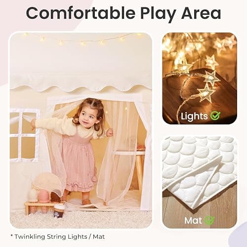 Tiny Land Play Tent with Padded Mat & LED Lights, Kids Tent, Playhouse for Kids, Indoor Bed Tent for Toddler, Toys for 3,4,5,6-Year-Old Girls, Neutral Color Play Room Furniture thumbnail 4