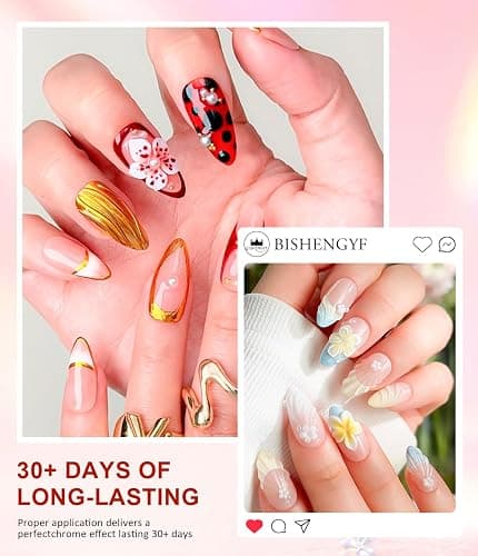 BISHENGYF Multifunctional 3d Nail Gel:Iridescent Metallic Effect Green Laser Nail Chrome Powders And 15g Rhinestone No Wipe 3d Gel,6pcs Pink Chrome Nail Powder For Nail Decoration Manicure (Silver) thumbnail 4