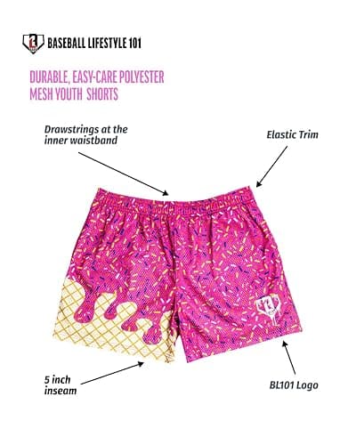 Baseball Lifestyle 101 Ice Cream Youth Mesh Shorts – Strawberry, 5 in Inseam, Side Pockets, Elastic Waist thumbnail 4