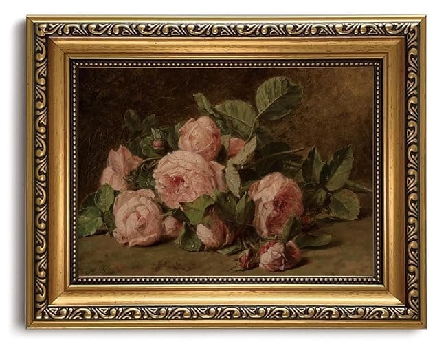 KISSFOX Gold Framed Wall Art Vintage Wall Decor Rose Floral Canvas Art Flower Pictures Dark Botanical Paintings Rustic Moody Artwork For Living Room Kitchen Bedroom - Image 1