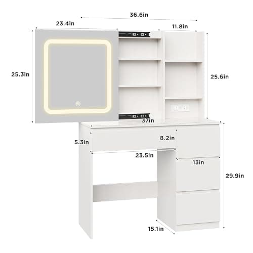 Vabches Make Up Vanity Desk with Charging Station, Vanity Set with Mirror and Stool and Lights,Dressing Table with 4 Drawers & Storage Shelves,37inch, White thumbnail 2