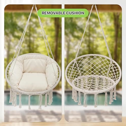 Magshion Hanging Hammock Chair with Cozy Full Cushion, Outdside Macrame Swing Chair with 350 Lbs Capacity, Ideal Accent Furniture for Living Room, Bedroom and Porch Relaxation and Enjoyment (White) thumbnail 7