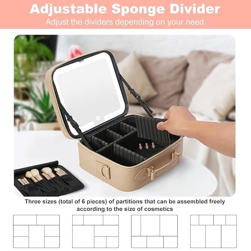 Mocado Travel Makeup Bag with LED Lighted Mirror,Travel Makeup Organizer,Makeup Case with 3 Color Lighted Setting and 10x Magnifying Mirror,Portable Storage and Adjustable Dividers Makeup Box(Khaki) thumbnail 5