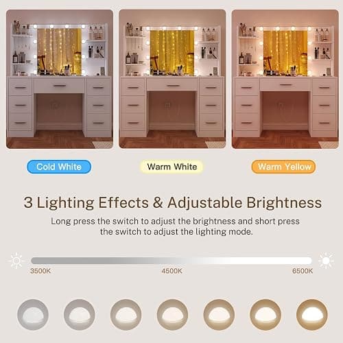 FIONESO Vanity Desk with LED Light Mirror & Power Outlet, 3 Adjustable Light Color, Makeup Vanity with 7 Drawers, 4 Shelves, 5 Jewel Hooks, White Vanity for Bedroom, Girls Vanity thumbnail 6