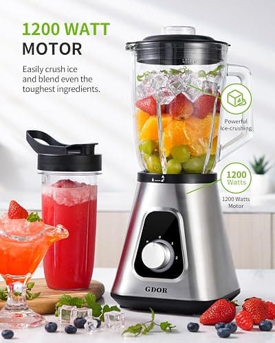 GDOR 1200W Blender for Smoothies and Shakes, 52 Oz Countertop Blender & 22 Oz Personal Blender Combo, 6-leaf Blade, 3 Adjustable Speed for Juices, Frozen Fruit Drinks, Sauces, Self-Cleaning thumbnail 2