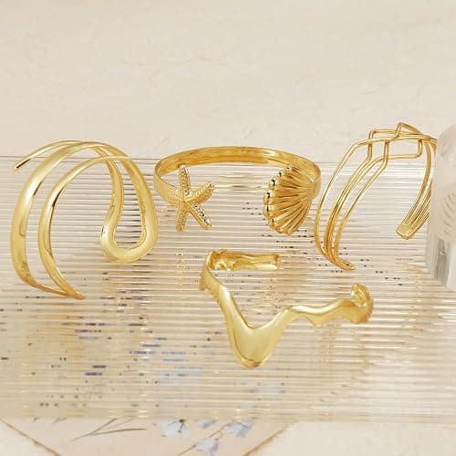 BROCC 4PCS 14K Gold Plated Stackable Cuff Bracelets Set for Women Adjustable Open Cuff Bangle Bracelet Hammered Wrist Thin Minimalist Gold Cuff Bracelets thumbnail 5