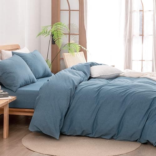 BESTOUCH Duvet Cover Set 100% Washed Cotton Linen Feel Super Soft Comfortable Chic Lightweight 3 PCs Home Bedding Set Solid Dark Blue Queen thumbnail 3