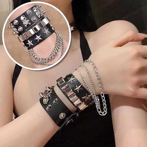 NPENGHUI 2-Piece Punk Rock Bracelet Set Studded Leather Cuff Bracelets with Metal Skull Adjustable Wrap Wrist Cuffs Vintage 80s Emo Goth Jewelry Accessories for Halloween Concerts and Festival Outfit thumbnail 4