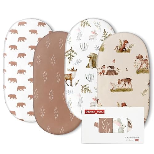 Gllquen Baby Bassinet Sheets 4 Pack, Breathable Cozy Fitted Mattress Sheet, Elastic Travel Crib Fashionable Floral Pattern, Standard Cradle Safe Sheets for Baby Boy Girls 32"X16" (Bear) - Image 1