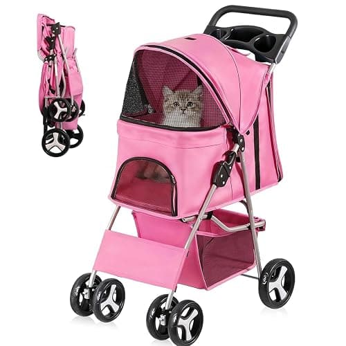 ZENY Foldable Pet Stroller, Cat/Dog Stroller with 4 Wheel, Pet Travel Carrier Strolling Cart with Storage Basket, Cup Holder (Pink) - Image 1