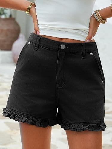 Aoysky Womens Summer Ruffle Denim Shorts Cute High Waisted Cotton Short Jeans with Pockets thumbnail 2