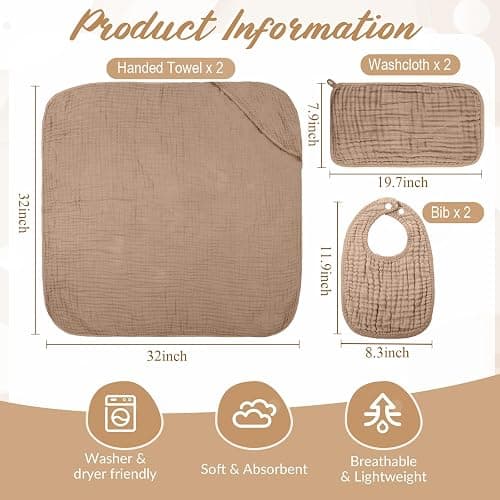 6 Pcs Muslin Hooded Bath Towels Washcloths Bibs Set,Dark Brown, Khaki | Cotton Baby Towels, Absorbent Hooded Blanket Towel, Bibs for Boys Girls Newborn Infant Essential Gifts thumbnail 2