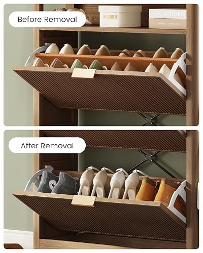 AOGLLATI Shoe Cabinet Storage,Narrow Fluted Shoe Rack Cabinet with 2 Flip Drawers, Wooden Freestanding Organizer with Open Storage Space for Entryway,Wood (Wood) - Wood thumbnail 3