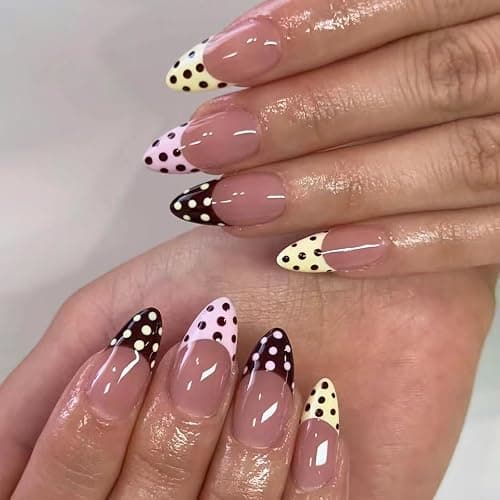 BABALAL Brown Pink Press on Nails Medium Almond Fake Nails Polka Dot Glue ons Design Trendy Cute Acrylic 24Pcs Squoval Full Cover False Nails - Image 1