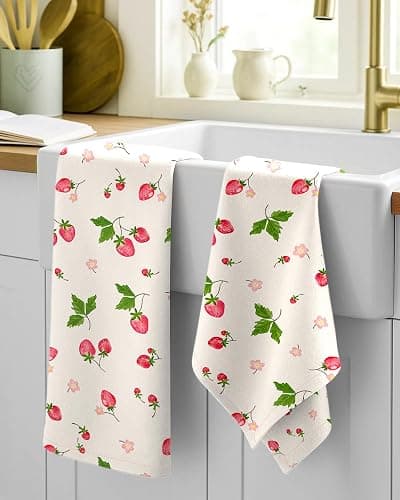Miss Adola Flour Sack Kitchen Towels - Set of 2 Spring Dish Towels with Hanging Loop 18x26 Inch Absorbent Reusable Cotton Cloths for Cleaning Cute Design Home Decorative Housewarming, Color Strawberry thumbnail 2