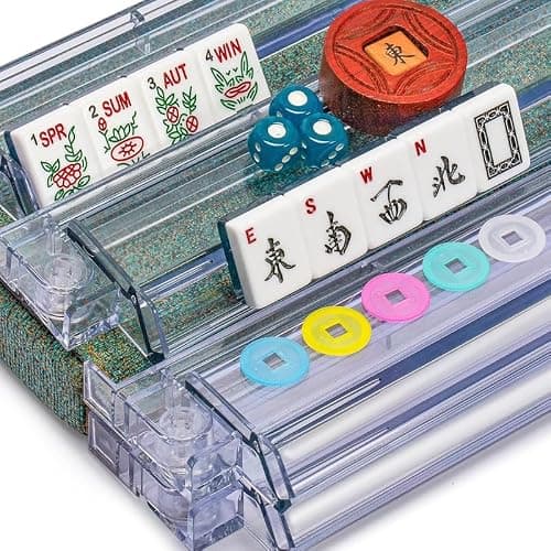 Mahjong All-in-One Tile Rack & Pusher, Clear Acrylic Mahjong Rack and Pusher Combo, Modern American Majiang Tile Racks Set of 4 (Clear) thumbnail 6