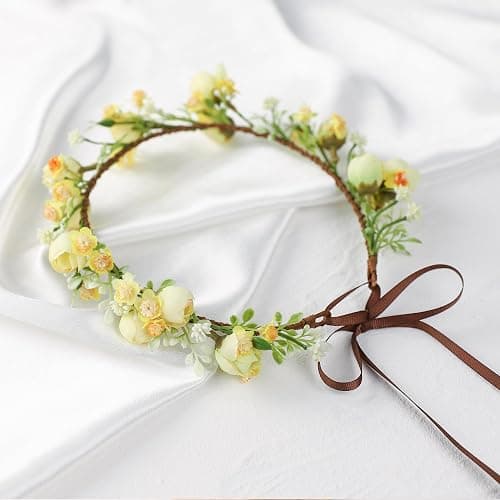 KorViSHOW Handmade Flower Crown Floral Headpiece Green Leaf Headband Wedding Flower Crowns for Bride Floral Garland Hair Wreath Birthday Party(Yellow Style) thumbnail 3
