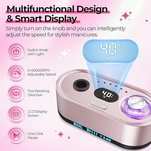 JOSGLOI 40000RPM Professional Nail Drill E-File for Gel Polish Removal | LCD Display; Smooth Stepless Control; Quiet Low-Vibration; Ideal for Manicure Pedicure Nail Prep, Salon & Home DIY Nail Care thumbnail 4