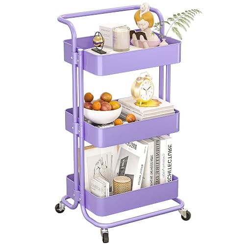 Mzzelry Metal Rolling Storage Cart, 3-Tier Utility Cart with Wheels, Multifunctional Organizer Storage for Kitchen, Bedroom, Office, Laundry Room, Dorm Room Essentials (Purple) - Image 1