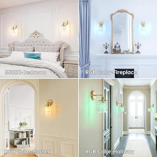 Shenmoyl Set of 2 Crystal Battery Operated Wall Sconce, Rechargeable Battery Powered Wall Lamp with Remote Control, Modern Dimmable Wireless Wall Lights for Bedroom Bathroom(Transparent, Gold Base) thumbnail 6