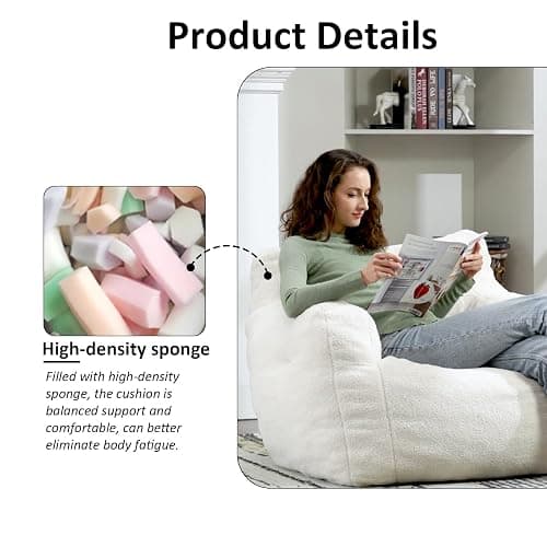 Hison Bean Bag Chairs for Adults and Kid Teddy Fabric Fluffy and Lazy Sofa Filled with Memory Sponge BeanBag Sofa with Armrests for Living Room,Bedroom(White) thumbnail 3