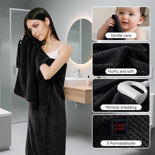 REDKISS 6-Piece Bath Towel Set - 2 Washcloths, 2 Hand Towels, 2 Bath Towels | Ultra-Fiber Coral Fleece, Super Absorbent, No Lint & No Fading | Perfect for Bathroom, Spa, Gym | Family & Adults-Black thumbnail 4