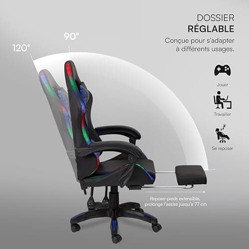 Baroni Home Chaise Gaming Ergonomique avec Coussin Lombaire, Lumières LED Réglables et Repose-Pieds Extractible, Chaise de Bureau avec Dossier Inclinable et Hauteur Réglable, Bleu, 68x66x125-133 cm thumbnail 4