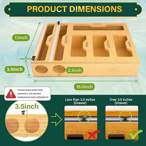 KOCWELL Bag Organizer and Plastic Wrap Dispenser with Cutter, 6 In 1 Bamboo Foil and Plastic Wrap Organizer for Kitchen Drawer, Food Storage Bag Organizer for Gallon,Quart,Sandwich,Snack(Yellow) thumbnail 3