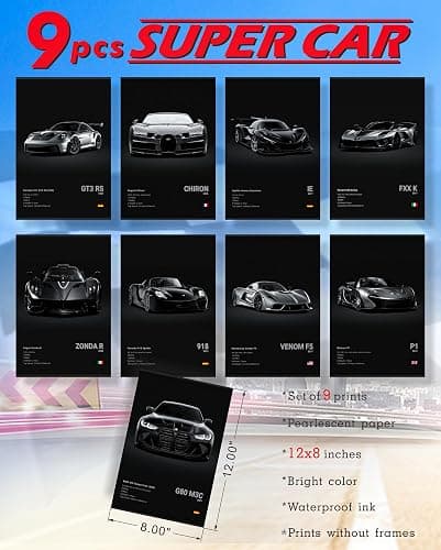dazongweihan 9pcs Super Car Posters for Boys Room, Racing Car Wall Art for Men Guys, Sports Car Wall Decor, Race Cars Pictures Wall Decor for Bedroom Dorm Man Cave (Unframe,8x12inch) (U1) thumbnail 2