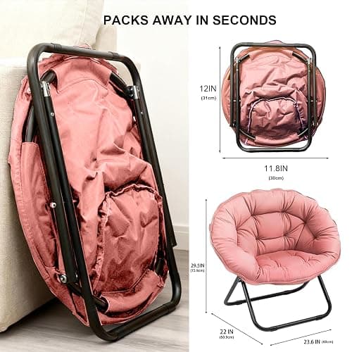 GREZJXC Saucer Chair for Adults,Kids, Round Chair Folding Chiar for Bedroom, Dorm & Gaming, Foldable Comfy Accent Seat for Small Spaces, Thick Padded Black Meatal Frame (Pink) thumbnail 2