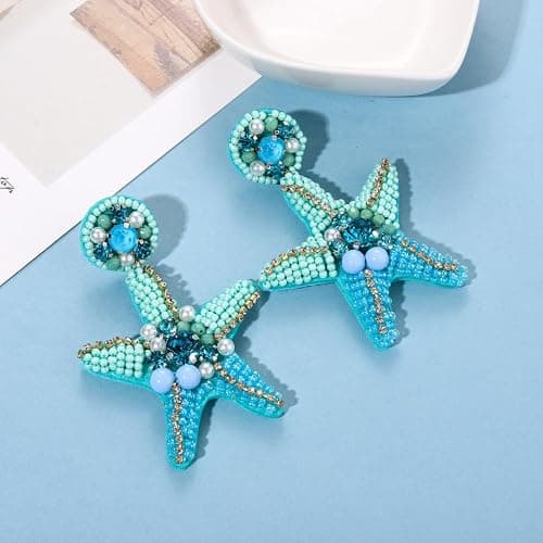 Beaded Starfish Earrings for Women Hypoallergenic Boho Cute Pearl Rhinestone Bead Starfish Dangle Drop Earrings Spring Summer Beach Rattan Shell Embellished Round Dangling Earrings Fun Handmade Beach Vacation Earrings Fashion Jewelry Accessories Gift thumbnail 2