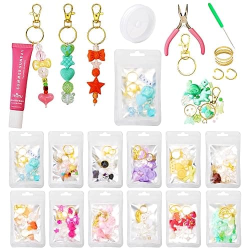 WJXCYGG 12 Set Lip Gloss Keychain Making Kit 120 Assorted Acrylic Beads Packed in 12 Colors 32.8 Ft Rope 12 Keychain Clips for DIY Crafts Women - Image 1