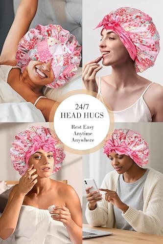 Vettres Double Layer Satin Hair Bonnet with Eye Mask Silk Sleep Cap with Tie Head Wrap for Curly Natural Hair Pink Strawberry thumbnail 9
