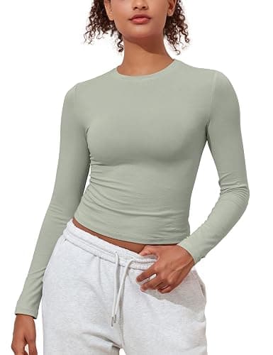 PrettyGuide Womens Cotton Long Sleeve Shirts Tight Fit Basic Y2K Crop Tops | Crew Neck Basic Tee, Fitted Going Out Tops, Compression Underscrubs Shirt, Layering Undershirt, Fall Outfits, Work Daily Wear thumbnail 9