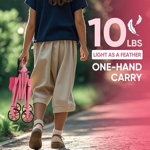 Heavy Duty Wagon with Big Wheels, Foldable Cart with 220LBS Capacity, Utility Lightweight Wagon, Collapsible Grocery Shopping Cart for Camping Sports & Holiday. Pink thumbnail 3
