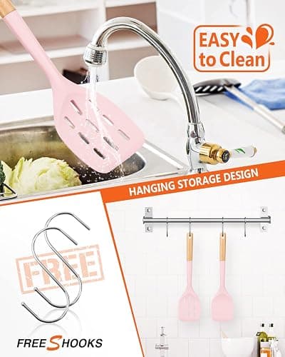 Pack of 2 Silicone Spatula, Non Stick Cooking Utensil Set Wooden Handle Kitchen Turner for Baking Mixing Grilling Serving Food Heat Resistant Non Scratch Hooks Included (Pink) thumbnail 4