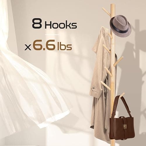 Freyawin Solid Wooden Coat Rack Freestanding, New Zealand Pine Coat Tree with 8 Hooks & 3 Adjustable Sizes for Coats, Hats, Handbags and Scarves, Space Saving for Entryway/Office/Bedroom (Nature) thumbnail 4