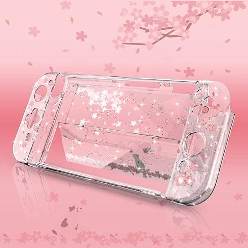 Cute Switch OLED Case – Dockable Glitter Clear Protective Cover with Cherry Blossom Design, Tempered Glass Screen Protector & Thumb Grips for Nintendo Switch OLED thumbnail 7