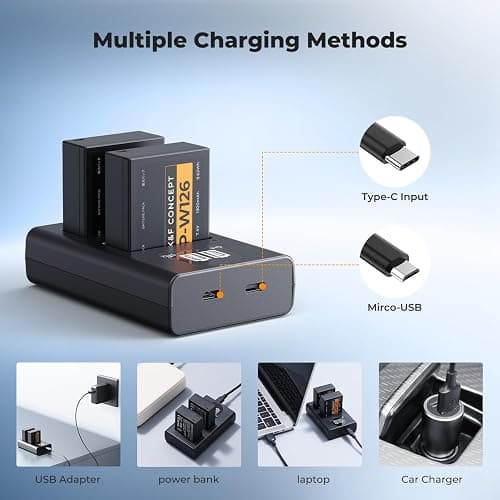 K&F Concept 1300mAh NP-W126 NP-W126S Battery and Charger for Fujifilm XM5, X100VI, X100V, XS10, XT30, XT30 II, XT20, XE4, A5, Dual-Slot Fast Charger, Type-C and Micro-USB Input, 2 Pack Battery thumbnail 6
